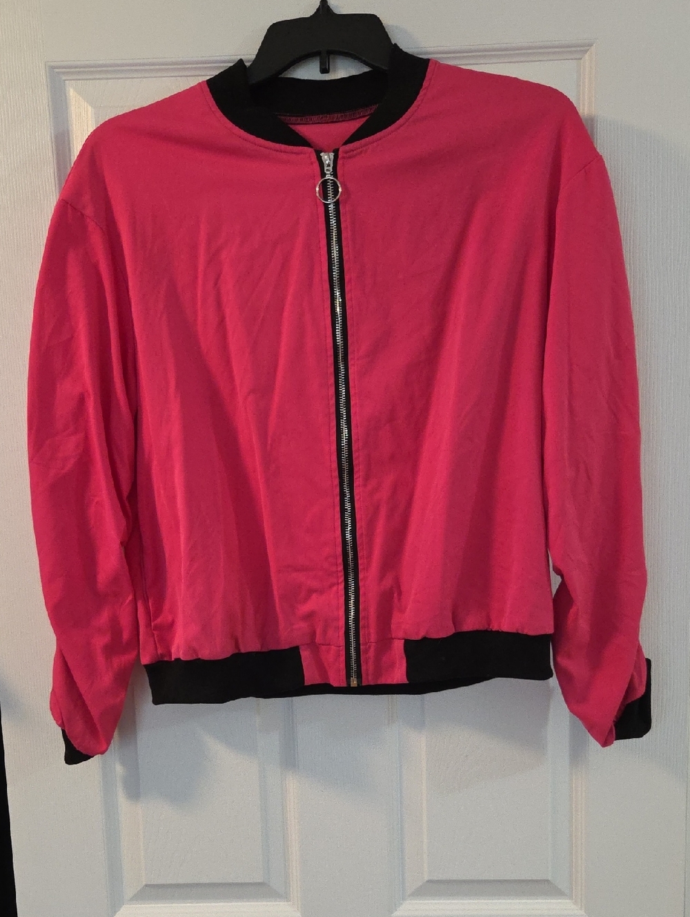 Unbranded Sz.XL-Hot Pink Bomber Jacket with Black Trim - Women's Zip Front